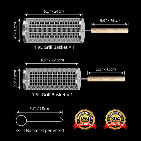 Nesting Stainless Steel Grill Basket Set 2 Pieces For Veggies Shrimp Fish And Meat with dimensions and handles displayed.