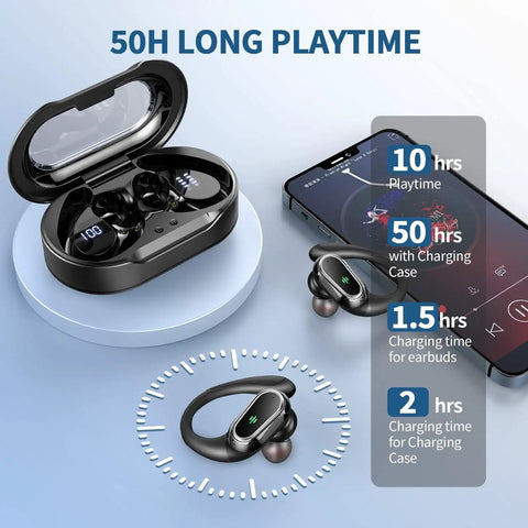 Bluetooth 5.4 Auto Connect Sport Earbuds With 60 Hours Playtime shown with charging case and smartphone app interface.