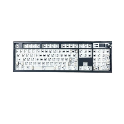 Next Level Full Size Mechanical Keyboard Barebones Kit Decked Out With Smart Screen And Volume Knob Hot Swappable Gasket Mount Tri Mode Wireless Qmk Via Programmable Legit Smooth Rgb Backlit Board Black top view with unassembled switches.