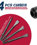 Air Hammer Chisel Kit With 4 Chisels And Quick Change Retainer, 2200 BPM, 250mm Barrel, chisels on red background