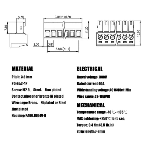 Pluggable Screw Terminal Block With 3.81 mm Pitch Offers 2P 3P And 4P Options Featuring 300V 10A Rating and dimensions specifications.