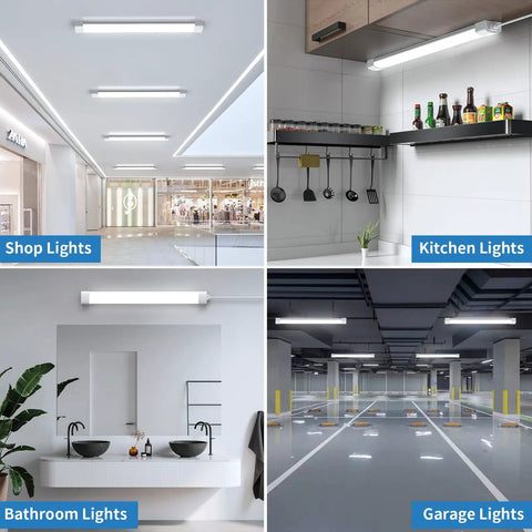 Four scenarios showing Two Pack Linkable LED Shop Lights 2ft And 4ft Waterproof Tubes used in shops, kitchens, bathrooms, garages.