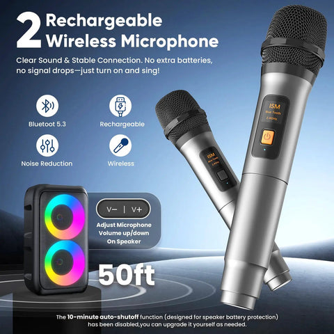 Karaoke Machine For Adults And Kids Portable Bluetooth Speaker With Two Wireless Microphones showing features and LED lights