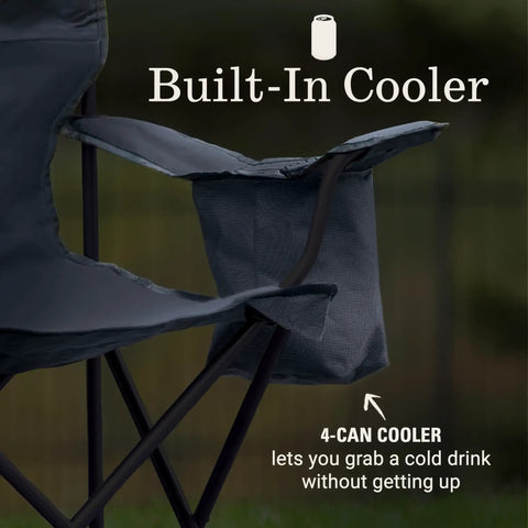Portable Camping Chair With Built In Four Can Cooler Cushioned Seat And Back Side Pockets Cup Holder Carry Bag Included Ideal For Camping Tailgating Fire Pits Patio And More showing built-in cooler