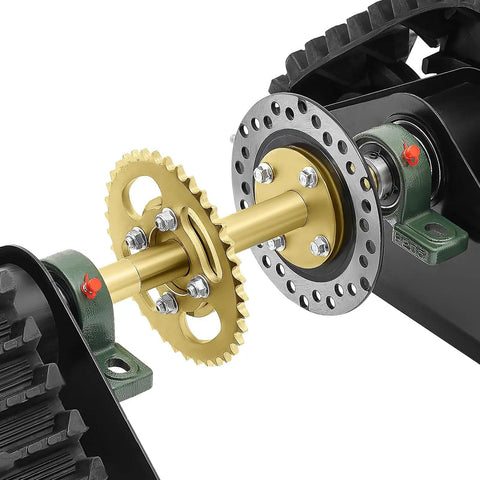 Heavy Duty 600mm Rear Axle Track Kit For Go Kart UTV Buggy Quad ATV Snow Sand Snowmobile With Rear Wheel And Electric Motor Pro Replacement Track Assembly, close-up of sprocket and track mechanism.