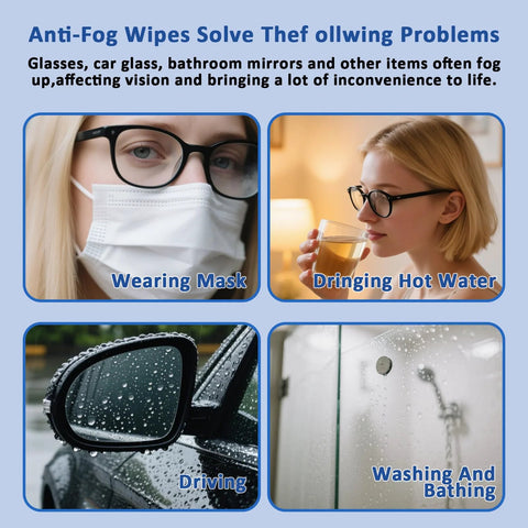 Anti-fog lens wipes for glasses infographic with four panels: wearing mask, hot water, driving, washing and bathing.