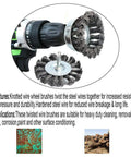 Three Piece Knotted Wire Wheel Brush Set For Drill With One Quarter Inch Shank Three Inch Twist Wire Wheels For Rust Removal Paint Stripping Corrosion Cleanup And Deburring On Power Grinders, attached to drill
