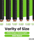 Various gauges of black SOOW cables, highlighting size differences. Includes 50 Ft 14/4 Gauge SOOW Portable Power Cable 600V.