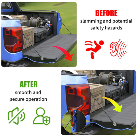 Heavy Duty Tailgate Lift Assist For 2007 To 2021 Toyota Tundra Trucks before and after installation showing smooth lowering action.