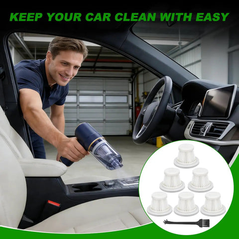 Man cleaning car interior with handheld vacuum and HEPA Vacuum Filter Replacement Compatible With LT-117C Handheld Car Vacuum Cleaner Six Pack visible