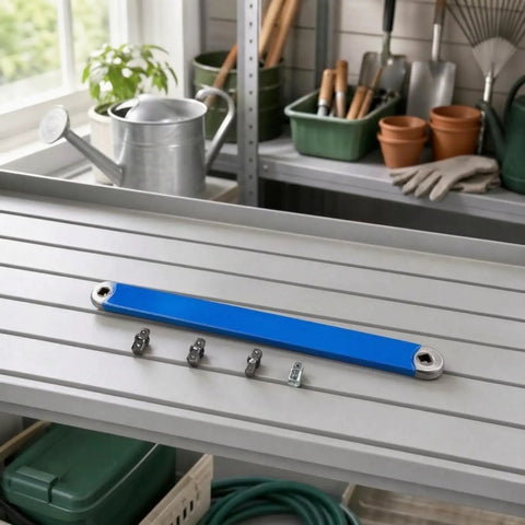 Badass Offset Extension Wrench With Swappable Drive Adapters And Quick Socket Attachments Built From Tough High Carbon Steel No Hustle Multi Tool For Cramped Spaces Or Gunked Up Bolts Orange on a shelf with tools and pots.