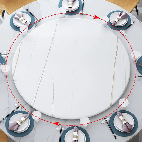 Smooth Operator Lazy Susan Serving Tray For Dining Tables Big 43 Inch Round Marble White Striped Turntable on table with plates and chopsticks.