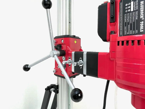 Close-up of Tough As Nails 25 Inch Concrete Core Drill With 5000W Two Speed Diamond Coring Rig and controls visible.