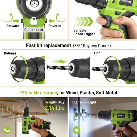 Hella Durable 299 Piece Tool Set With 12V Cordless Drill, showcasing keyless chuck and variable speed trigger features.
