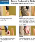 Installation instructions for One Sixteenth Inch Round Screw In Leveling Glides For Wood Furniture showing drilling and adjusting.