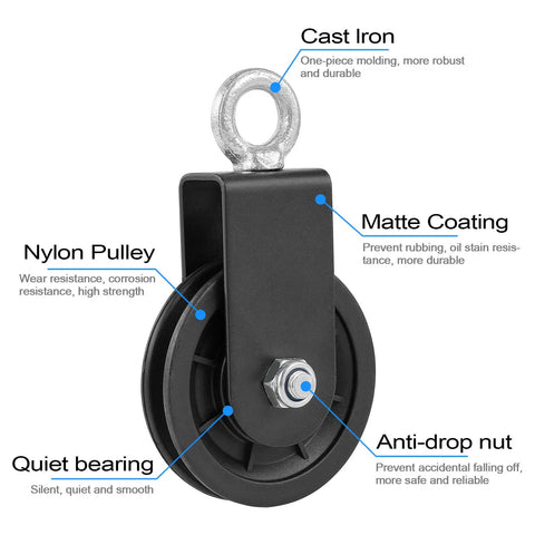 3.54 In Cable Pulley 360 Rotation Traction Wheel With Carabiner And Strap, nylon and cast iron build with matte coating.