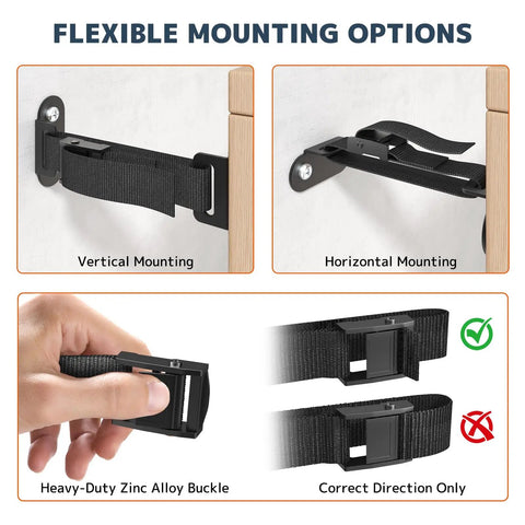 Flexible mounting options for Heavy Duty Anti Tip Furniture Anchors With Tough As Nails Base And No Sweat Quick Release Wall Safety Kit.