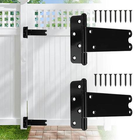 Straight Up 8 Inch Heavy Duty Gate Hinges 4 Pack Black Steel Door Hinges 300 Lb Capacity Built Tough For Outdoor Fences shown with screws.