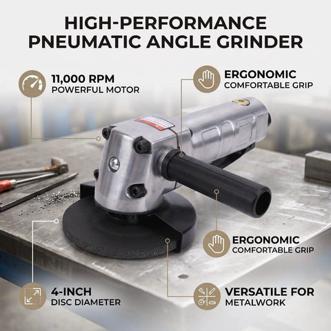 Heavy Duty Pneumatic Angle Grinder Four Inch Generating Kickass Eleven Thousand Rpm Torque For seamless metal cutting grinding and polishing on a workbench.