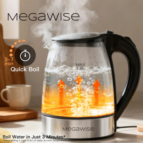 Electric Kettle Glass With No Plastic Contact With Water Auto Shut Off Fast Boil 1.8L Borosilicate Glass Stainless Steel Interior 1000W