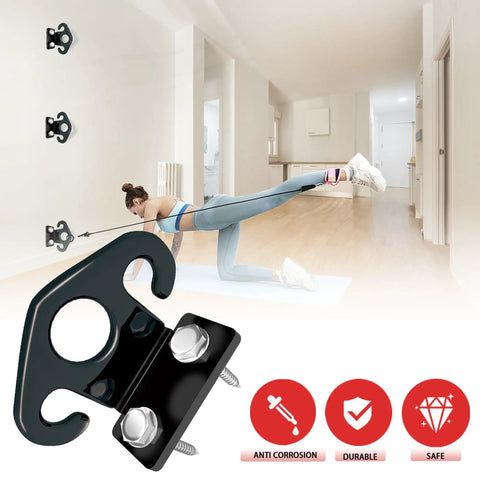 Badass Heavy Duty 4 Pack Resistance Band Wall Anchors For Home Gym Workout Exercise Fitness Physical Therapy And Compact Studio Training Gear Black Finish on wall with user exercising.