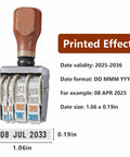 Dope Self Inking Roller Date Stamp Featuring Adjustable Day Month And Year Settings From 2025 To 2036 with printed effect and size details.
