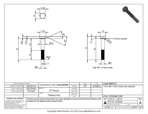 Top Shelf Grade Two Titanium Hex Head Bolts M6 Metric Thread By Forty Millimeter Pack Of Ten corrosion resistant fasteners drawing with dimensions.
