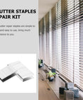 Real Deal Plantation Shutter Staple Repair Kit With Forty Heavy Duty Rust Proof Nails For Secure Tilt Rod And Louver Fix Indoors Outdoors Home Projects, stainless steel staples displayed.