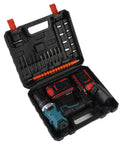 Heavy Duty Cordless Electric Drill Kit With Two 21V Lithium Batteries And Quick Swap Chuck in a black carrying case with tools and accessories.