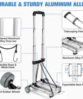 Slick Folding Luggage Cart With Wheels Lightweight Hand Truck And Portable Trolley Dolly For Airport Travel Expandable Aluminum Base Handles 120 Pounds Smooth Rolling Wheels with durable aluminum alloy parts.
