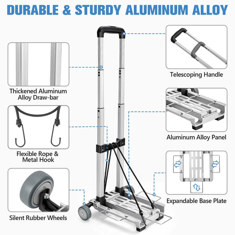 Slick Folding Luggage Cart With Wheels Lightweight Hand Truck And Portable Trolley Dolly For Airport Travel Expandable Aluminum Base Handles 120 Pounds Smooth Rolling Wheels with durable aluminum alloy parts.