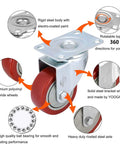 Rock Solid Heavy Duty Swivel Caster Wheels With Precision Ball Bearings For Smooth Roll And Dead Silent Glide 3 Inch Non Brake Polyurethane Tread Steel Mount Base Furniture Workbench Set Of Four, showing rigid steel body and polyvinyl chloride wheels.