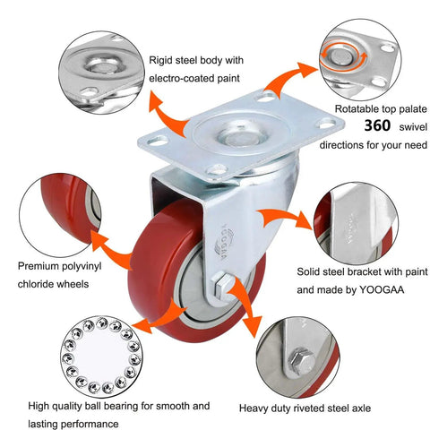 Rock Solid Heavy Duty Swivel Caster Wheels With Precision Ball Bearings For Smooth Roll And Dead Silent Glide 3 Inch Non Brake Polyurethane Tread Steel Mount Base Furniture Workbench Set Of Four, showing rigid steel body and polyvinyl chloride wheels.