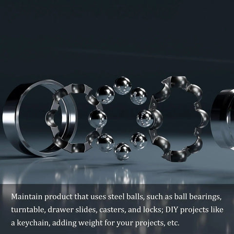 One Piece 1 3/4 Inch Precision Steel Balls Top Shelf 304 Stainless, shown with ball bearings and components for drawer slides.