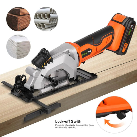 Compact Cordless Mini Circular Saw 20V Battery Powered With Blazing 3400 RPM Motor and Loaded 2.0 Ah Pack cutting through wood.