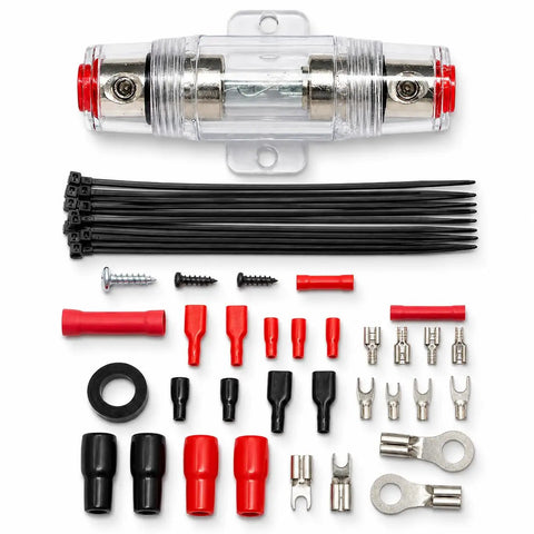 Heavy Duty 4 Gauge Amplifier Wiring Kit Paired With 2 Point 5 Farad Digital Capacitor includes connectors and fuses for car audio upgrades.