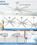 84 Inch Large Ceiling Fan No Lights Industrial Quiet DC Motor With 8 Aluminum Blades 3 Downrods displayed in various angles