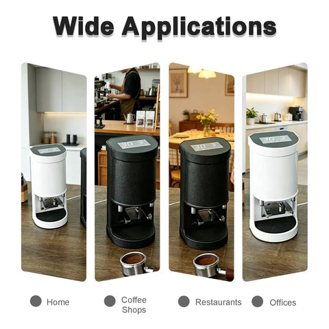 Heavy Hitter Automatic Espresso Tamper Machine featuring stepless pressure settings in black and white, showcased in cafes and homes.
