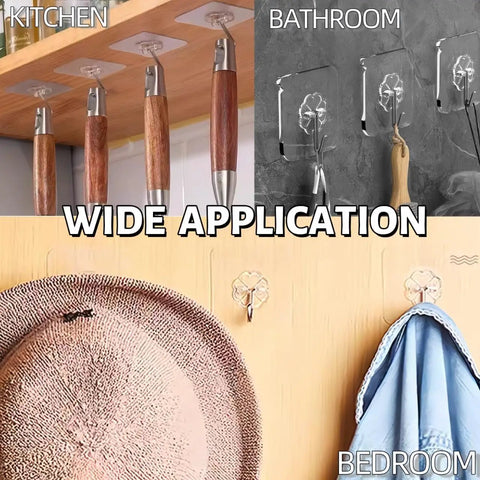 Clear Adhesive Wall Hooks With Hella Strong Peel And Stick Backing For Kitchen Bathroom Office Storage Solid Invisible Hold Saves Floor Space Zero Drilling Hassle Free Mount Keeps Spaces Tidy Pack Of Ten, displaying hooks in kitchen, bathroom, and bedroom.