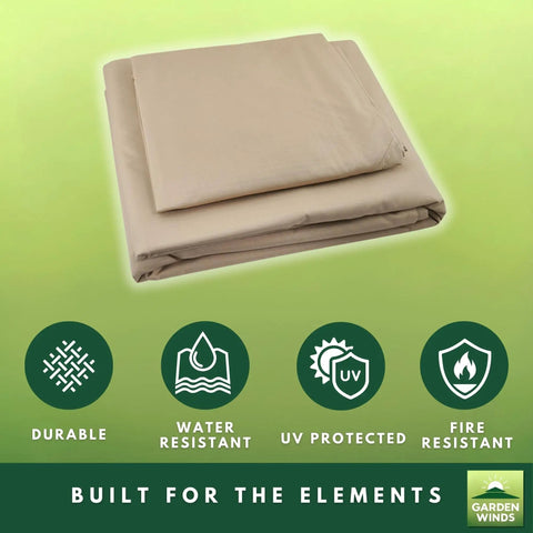 Beige RipLock 350 Replacement Canopy Top Cover for Debora Gazebo Swing Model 01-0884 on green background with feature icons