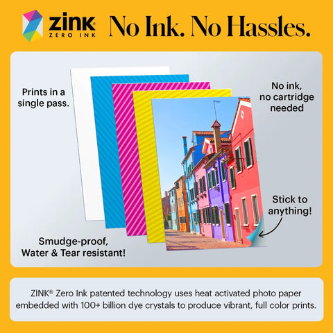 Colorful ZINK photo papers with a printed vibrant street photo, promoting features of ZINK Zero Ink technology.