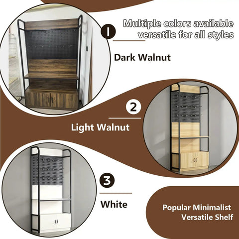 Rock Solid Retail Display Rack With Pegboard And Hooks, Freestanding Store Shelving Stand, Dark Walnut Finish shown in a versatile color display.