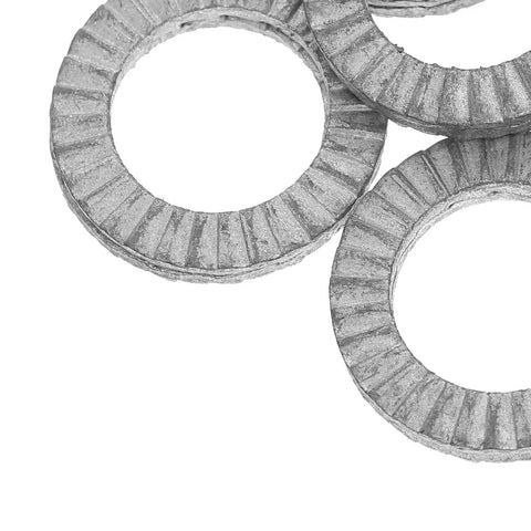 Twenty Piece M10 Wedge Stack Lock Washers Tough Heavy Manganese Steel Hardware Fasteners showing stacked silver washers