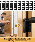 Door Hinge Shims Kit for Easy Alignment and Gap Filling, 12 black spacers, shown installed on wooden door with drill