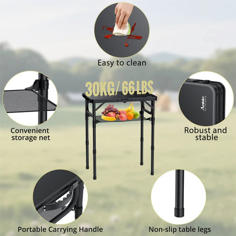 Foldable Camping Table With Storage Net Grab-And-Go Lightweight Aluminum Outdoor Table with features and benefits shown