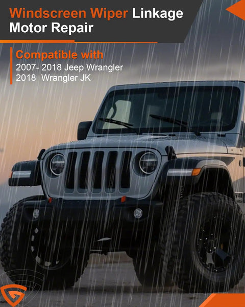 Premium Front Windshield Wiper Motor And Linkage Assembly Compatible With Jeep Wrangler Jk 2007 To 2018, large black Jeep in rain.
