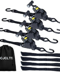 Heavy Duty 1 Inch By 10 Foot Retractable Ratchet Straps Set With Soft Loop Handles shown with carrying bag and accessories