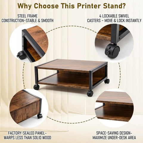 Straight Up Slick 2 Tier Printer Stand Under Desk With Easy Glide Wheels And Open Lower Shelf For A4 Paper Storage Brown Desktop Organizer, featuring steel frame and lockable wheels.