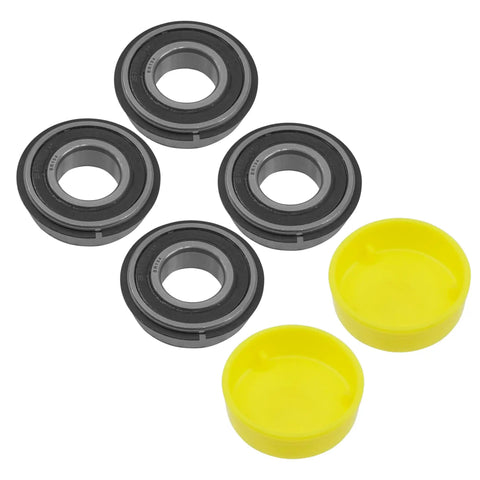 Heavy Duty Replacement Wheel Ball Bearing Kit With Sealed Caps For John Deere 240 245 260 265 285 320 Lawn Tractors Slick Spin Axle Gear Assembly with four ball bearings and two yellow caps.