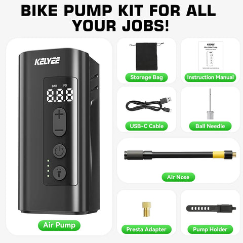 2 In 1 Mini Electric Bike Pump With LED Headlight And Digital Gauge Portable 150 PSI Tire Inflator kit components